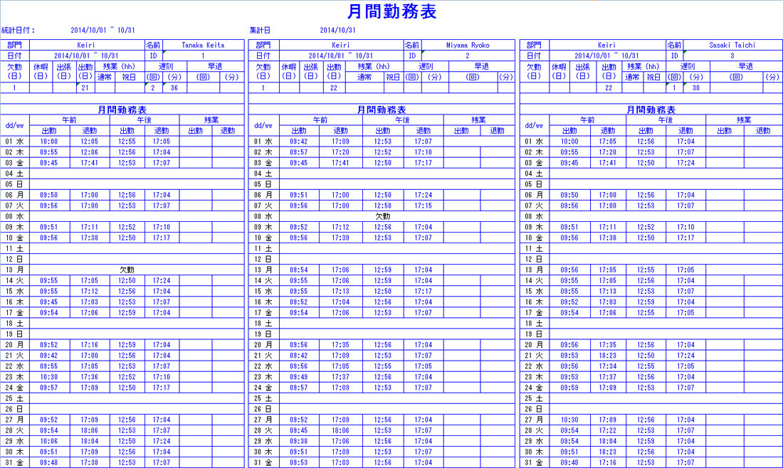 月間勤務表